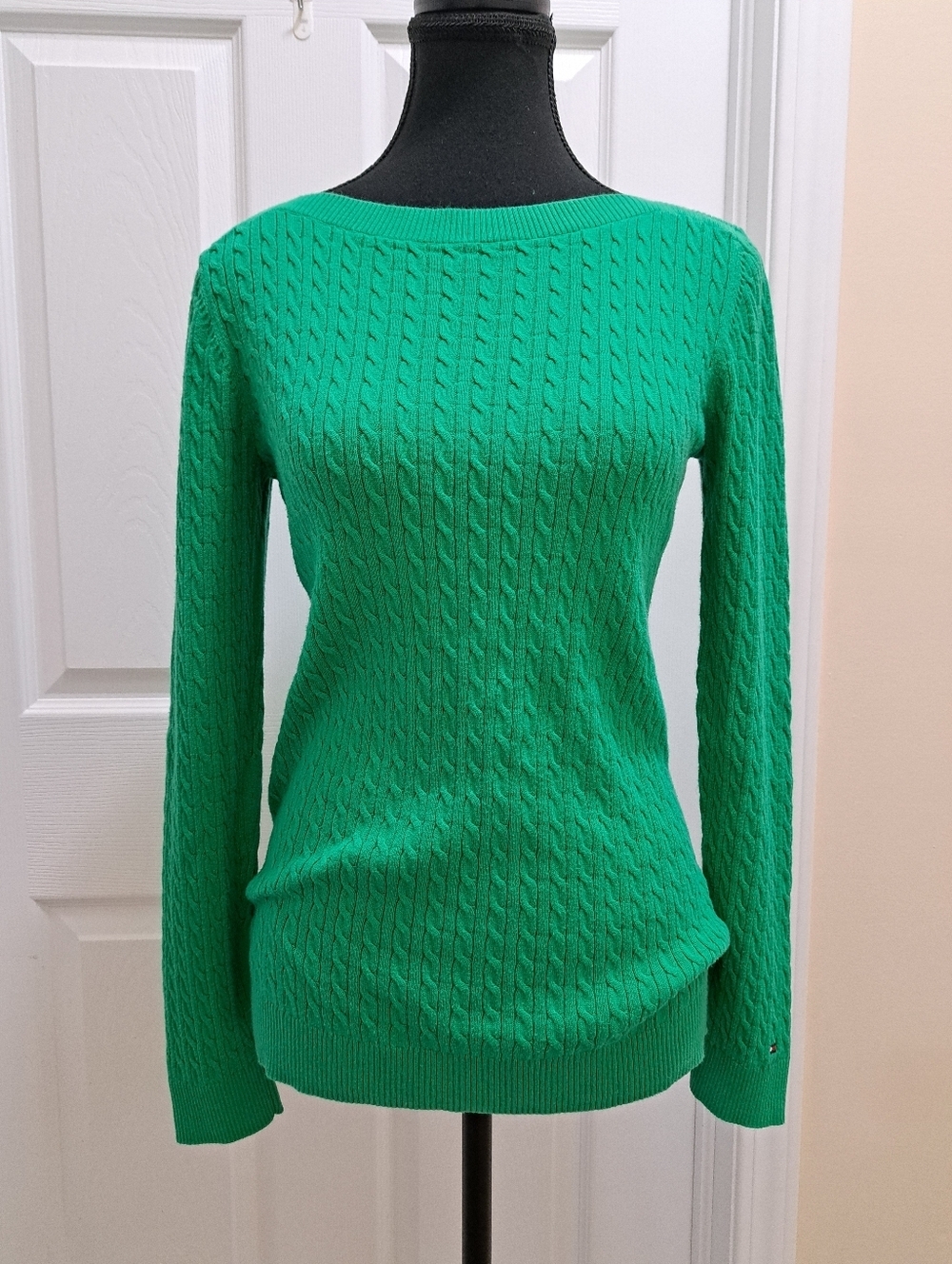 Tommy Hilfiger Green Cable Knit Round Neck Sweater Womens Size Medium Colourful